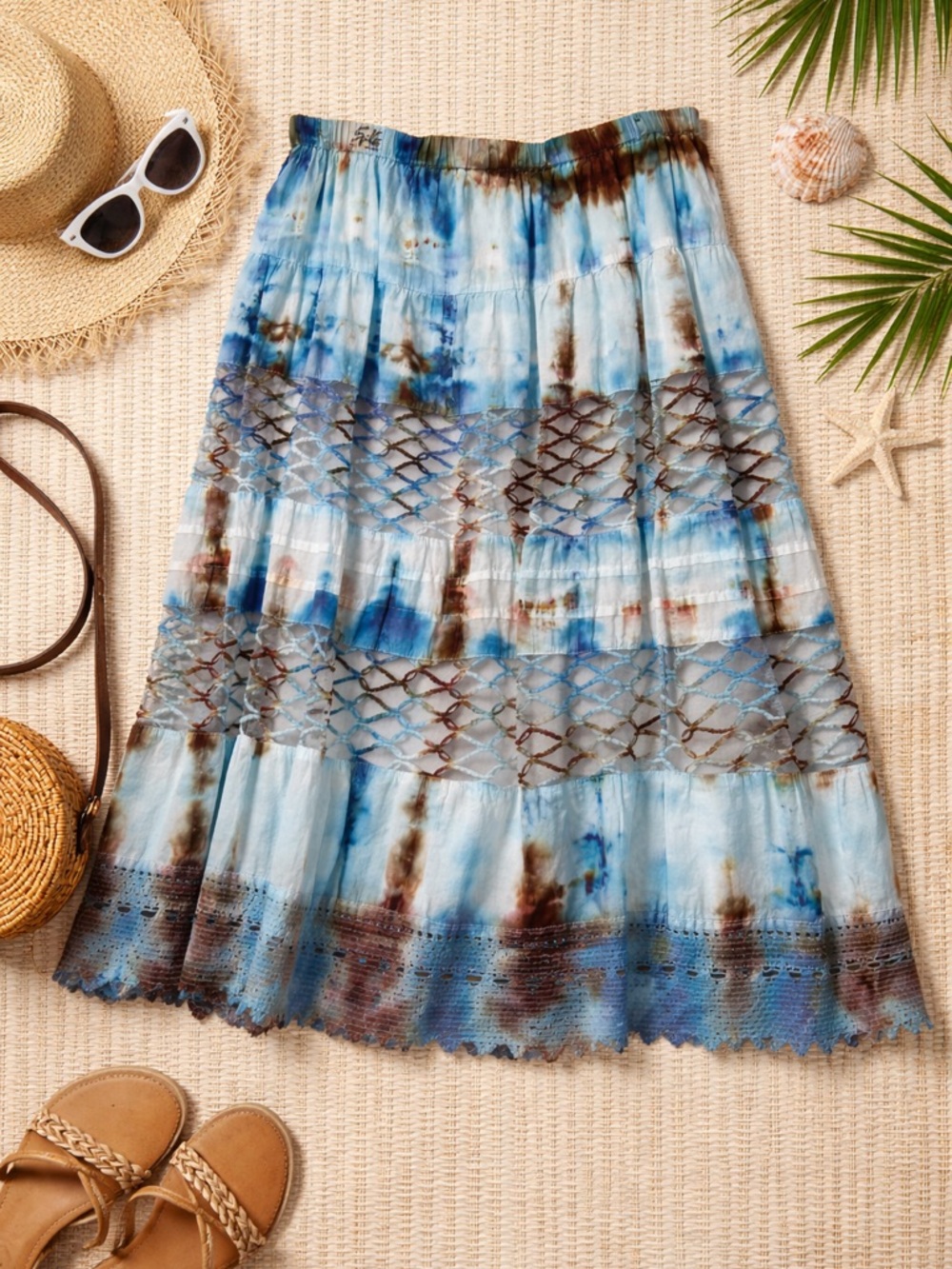 Light Blue Boho Tie-Dye Lace Panel Cotton Midi Skirt